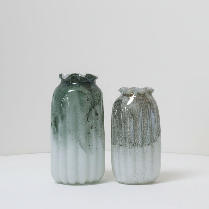 Emerald Tide Ribbed Vases